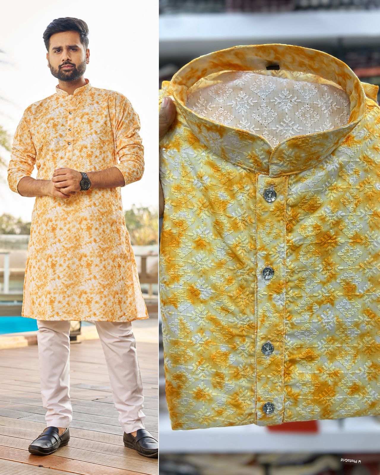 Traditional Heavy Rayon Schiffli Chikan Work  Men's Kurta Pajama Set