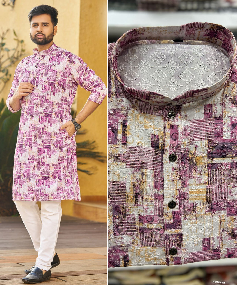 Traditional Heavy Rayon Schiffli Chikan Work  Men's Kurta Pajama Set