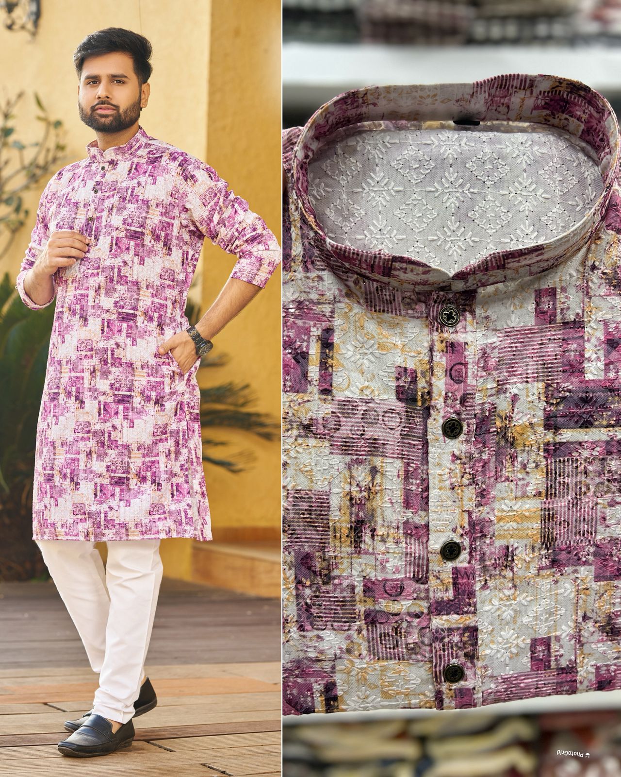 Traditional Heavy Rayon Schiffli Chikan Work  Men's Kurta Pajama Set