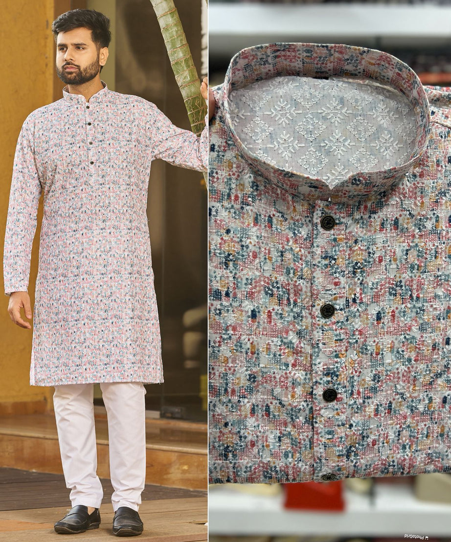 Traditional Heavy Rayon Schiffli Chikan Work  Men's Kurta Pajama Set