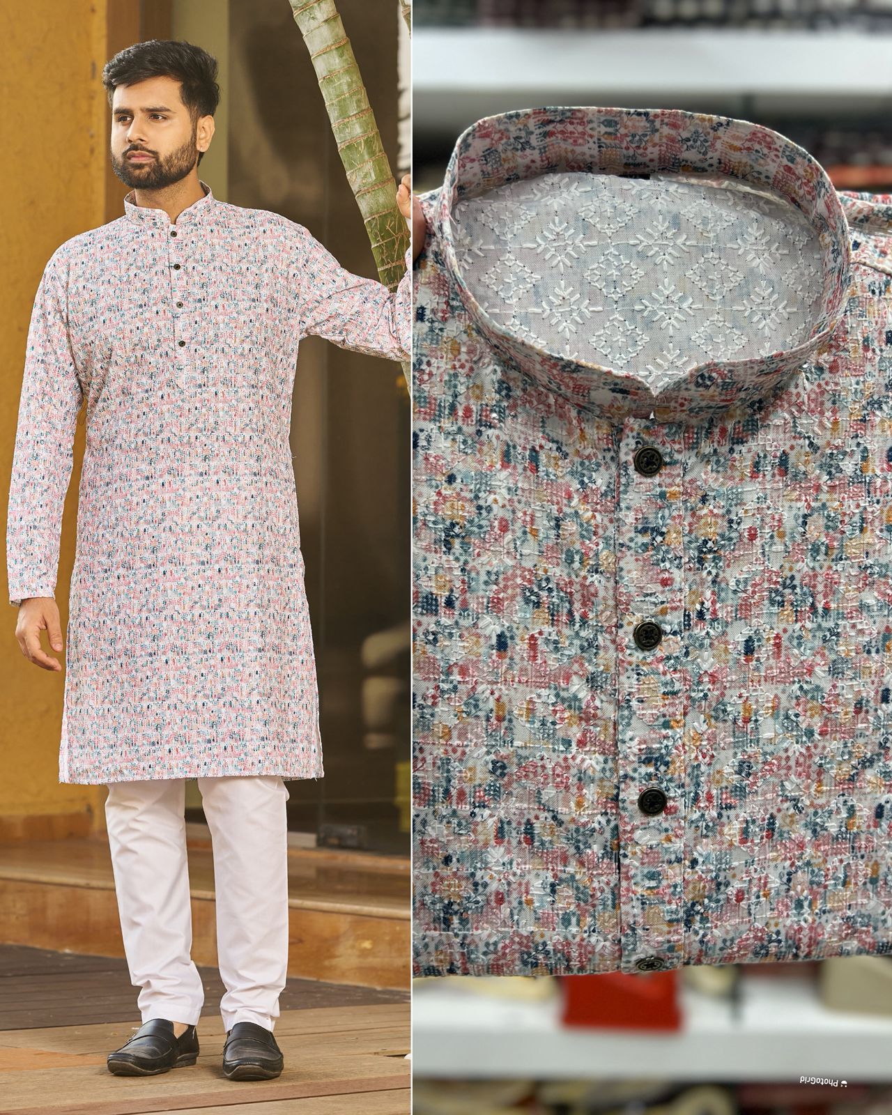 Traditional Heavy Rayon Schiffli Chikan Work  Men's Kurta Pajama Set