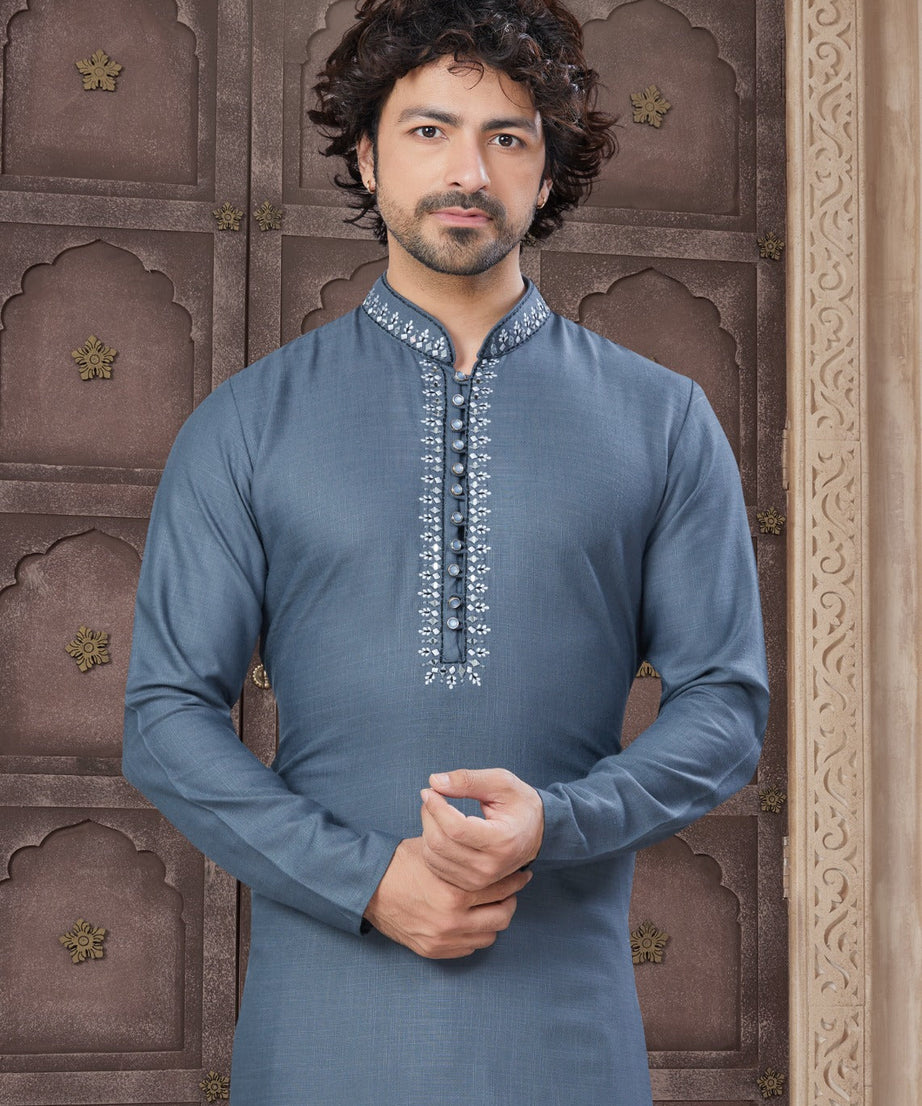Pure Heavy Cotton With Embroidery & Pintex Work Kurta Pajama Set For Men's