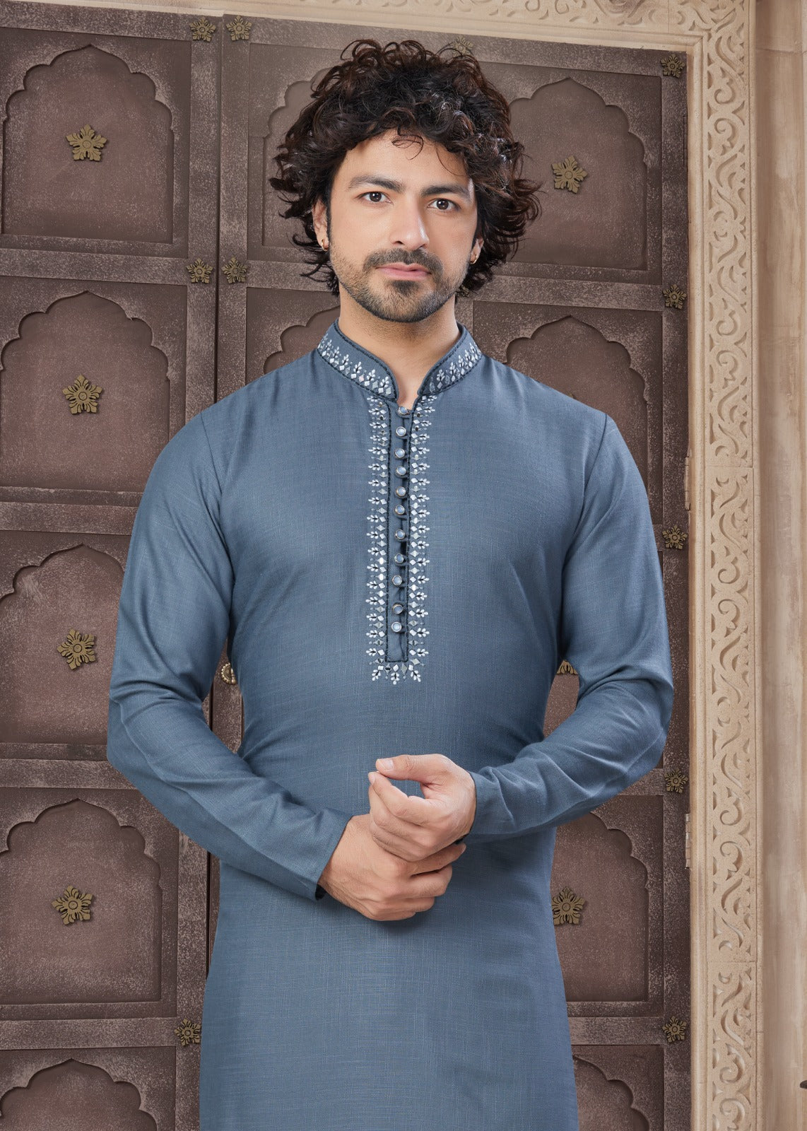 Pure Heavy Cotton With Embroidery & Pintex Work Kurta Pajama Set For Men's