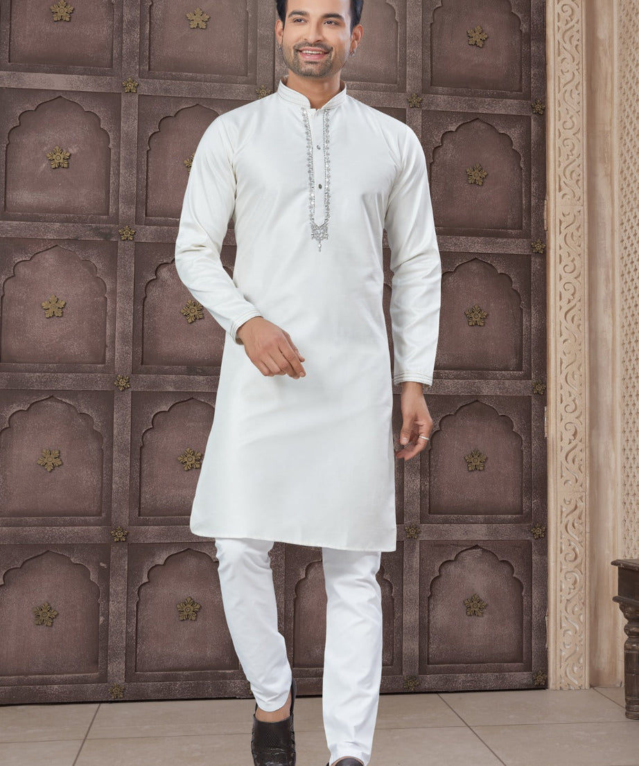 Pure Heavy Cotton With Embroidery & Pintex Work Kurta Pajama Set For Men's