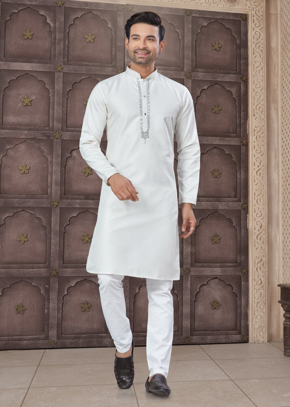 Pure Heavy Cotton With Embroidery & Pintex Work Kurta Pajama Set For Men's