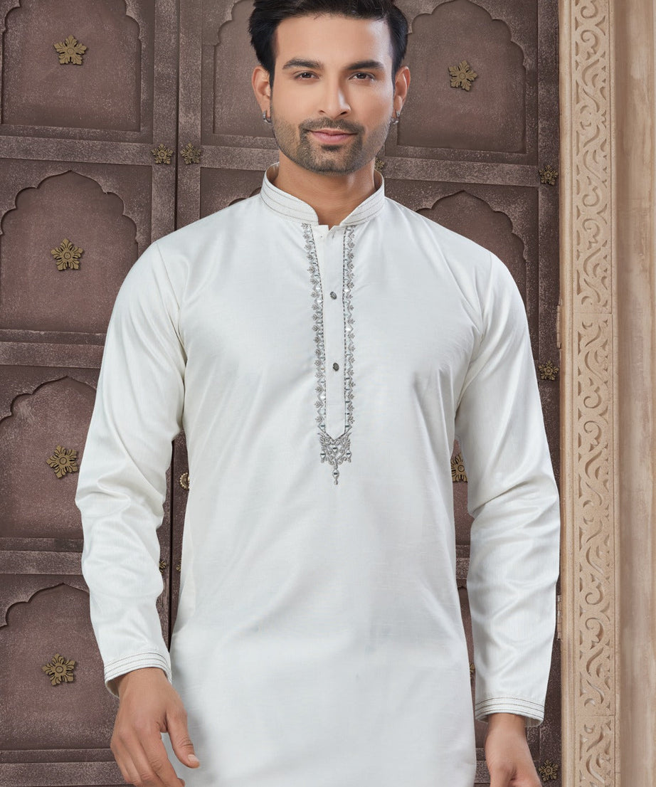Pure Heavy Cotton With Embroidery & Pintex Work Kurta Pajama Set For Men's