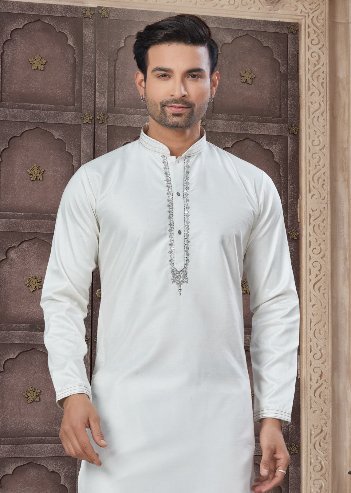 Pure Heavy Cotton With Embroidery & Pintex Work Kurta Pajama Set For Men's