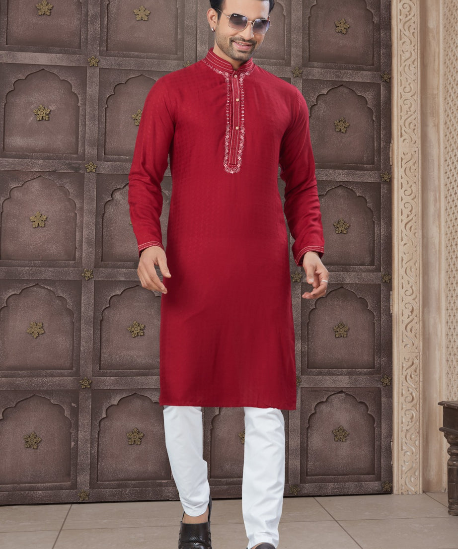 Pure Heavy Cotton With Embroidery & Pintex Work Kurta Pajama Set For Men's