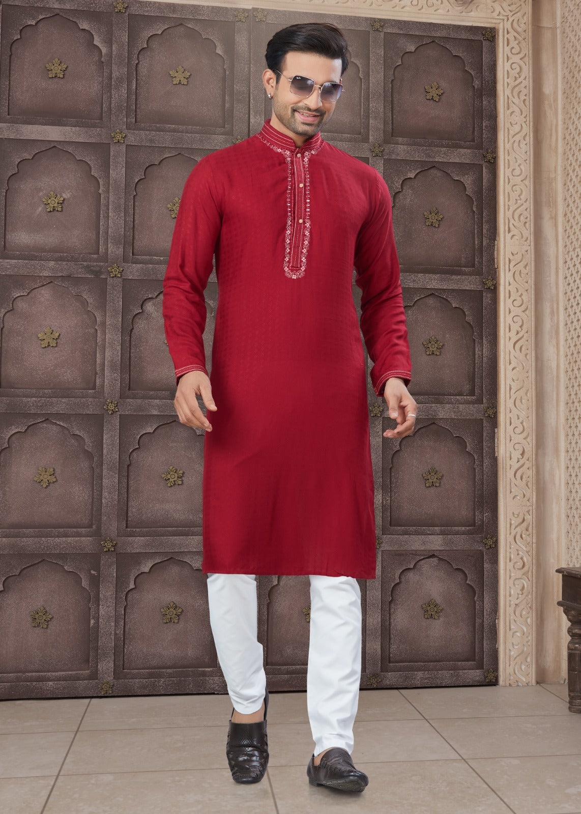 Pure Heavy Cotton With Embroidery & Pintex Work Kurta Pajama Set For Men's