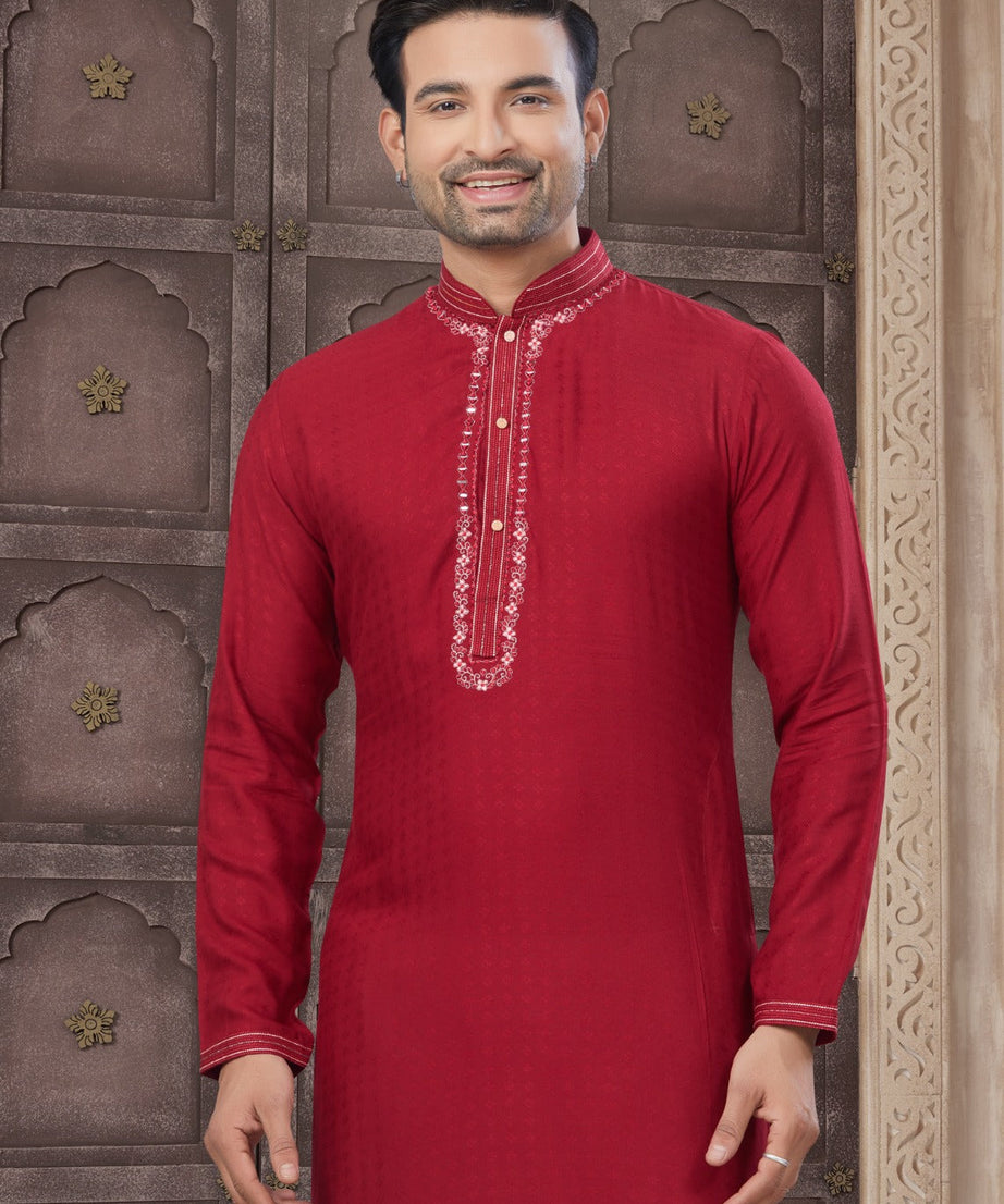 Pure Heavy Cotton With Embroidery & Pintex Work Kurta Pajama Set For Men's