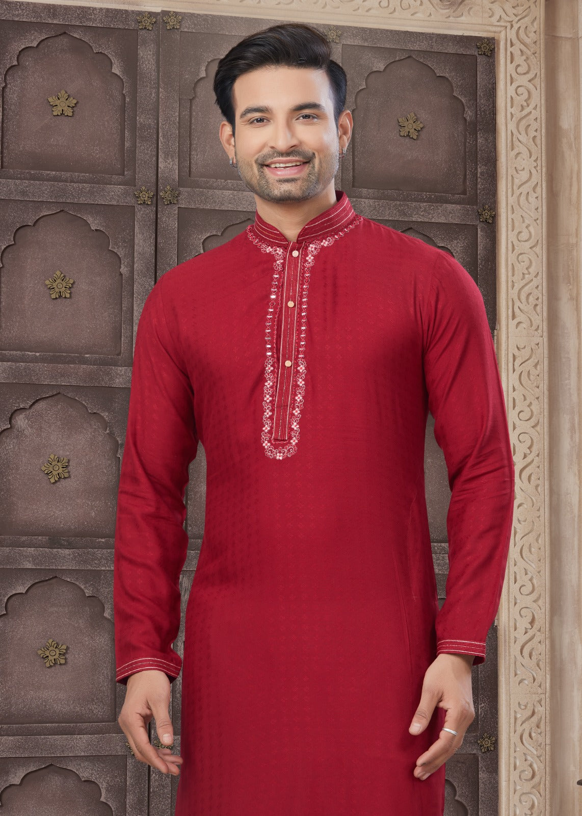 Pure Heavy Cotton With Embroidery & Pintex Work Kurta Pajama Set For Men's