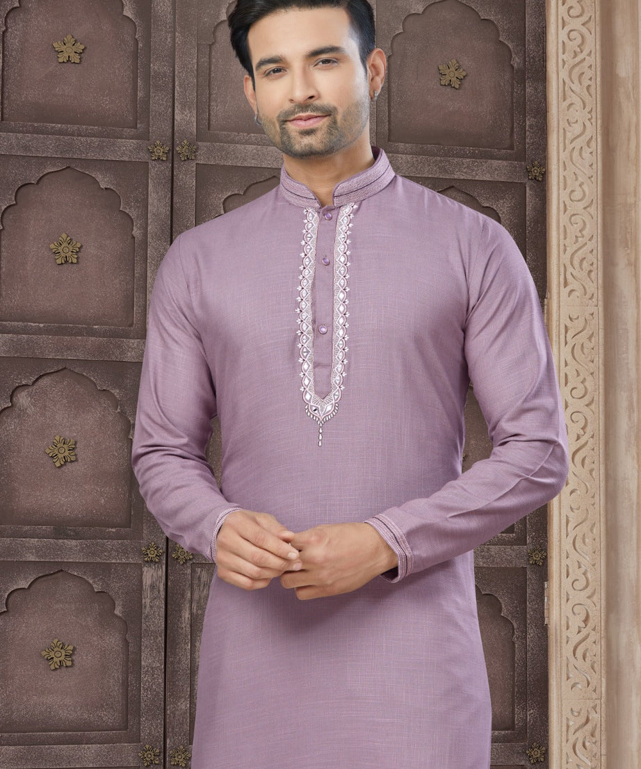 Pure Heavy Cotton With Embroidery & Pintex Work Kurta Pajama Set For Men's