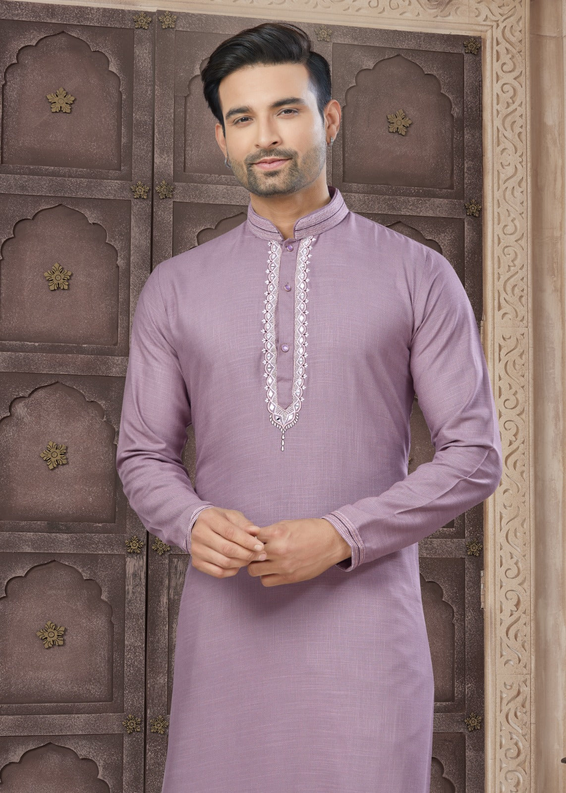 Pure Heavy Cotton With Embroidery & Pintex Work Kurta Pajama Set For Men's
