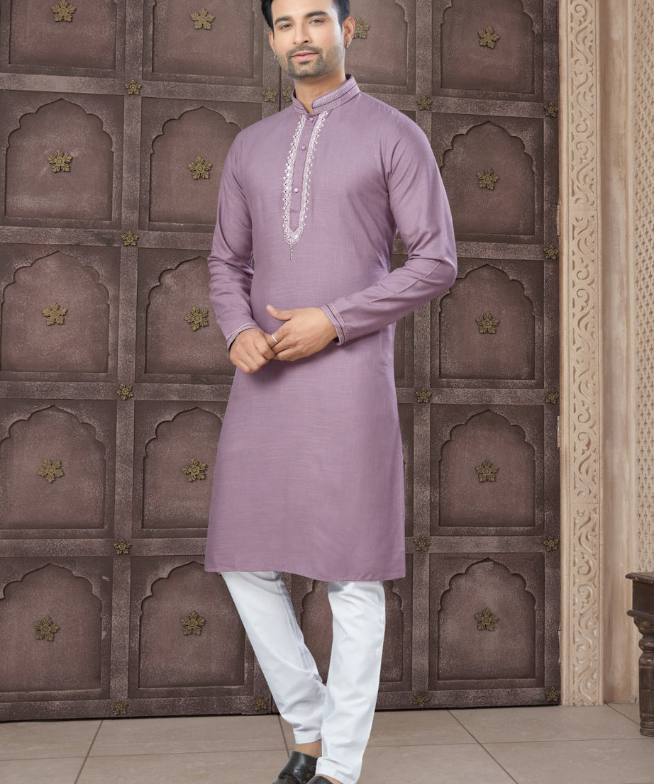 Pure Heavy Cotton With Embroidery & Pintex Work Kurta Pajama Set For Men's