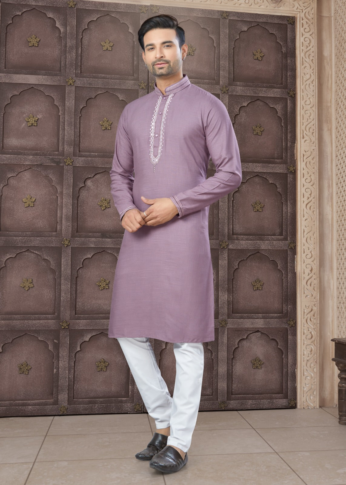 Pure Heavy Cotton With Embroidery & Pintex Work Kurta Pajama Set For Men's