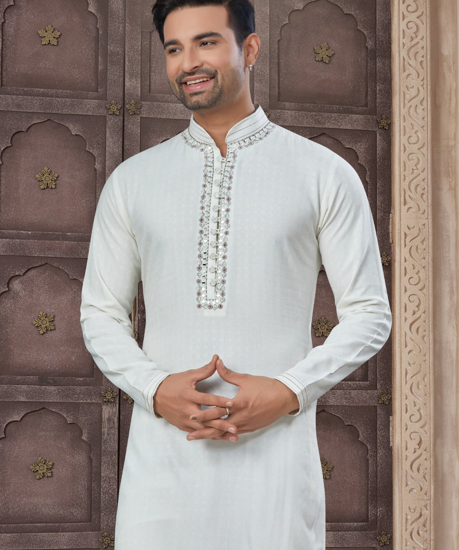Pure Heavy Cotton With Embroidery & Pintex Work Kurta Pajama Set For Men's