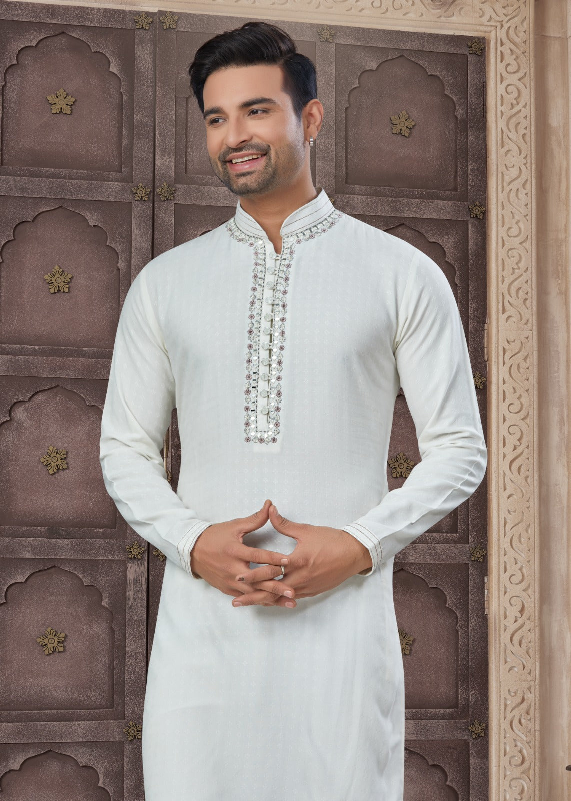 Pure Heavy Cotton With Embroidery & Pintex Work Kurta Pajama Set For Men's