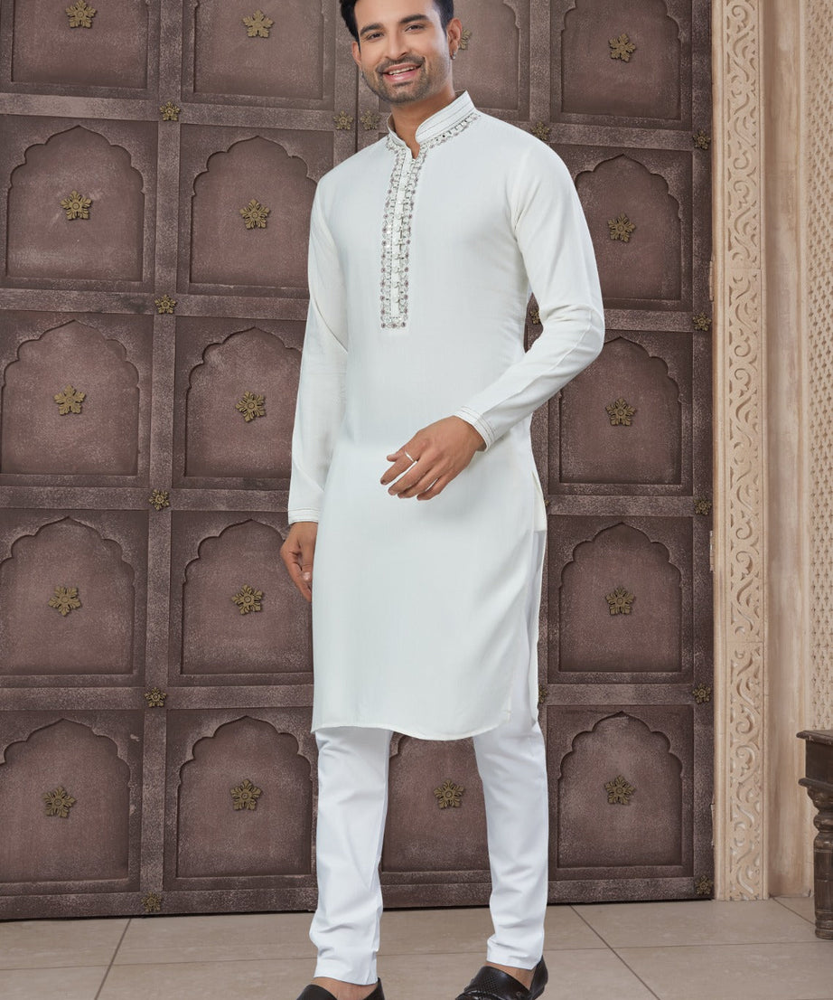 Pure Heavy Cotton With Embroidery & Pintex Work Kurta Pajama Set For Men's