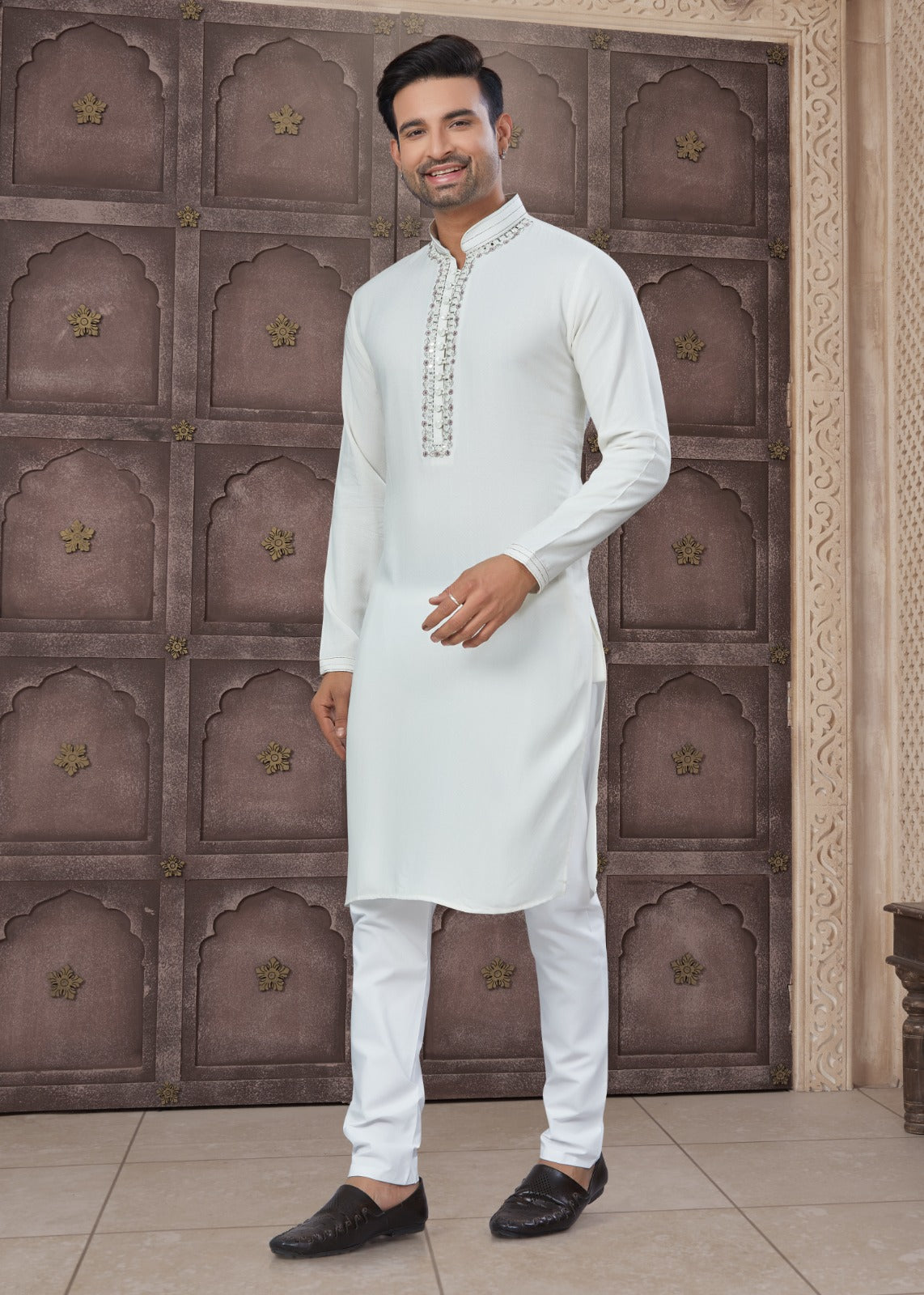 Pure Heavy Cotton With Embroidery & Pintex Work Kurta Pajama Set For Men's