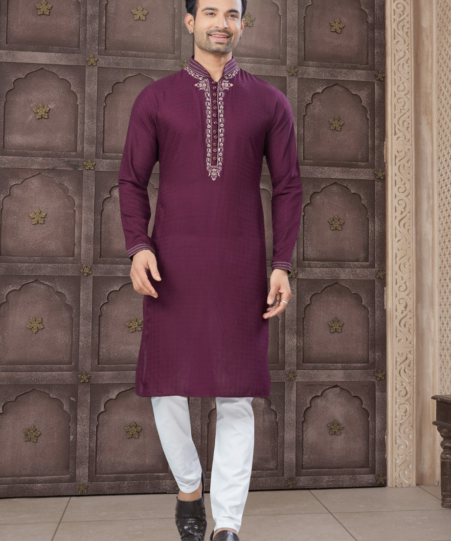 Pure Heavy Cotton With Embroidery & Pintex Work Kurta Pajama Set For Men's
