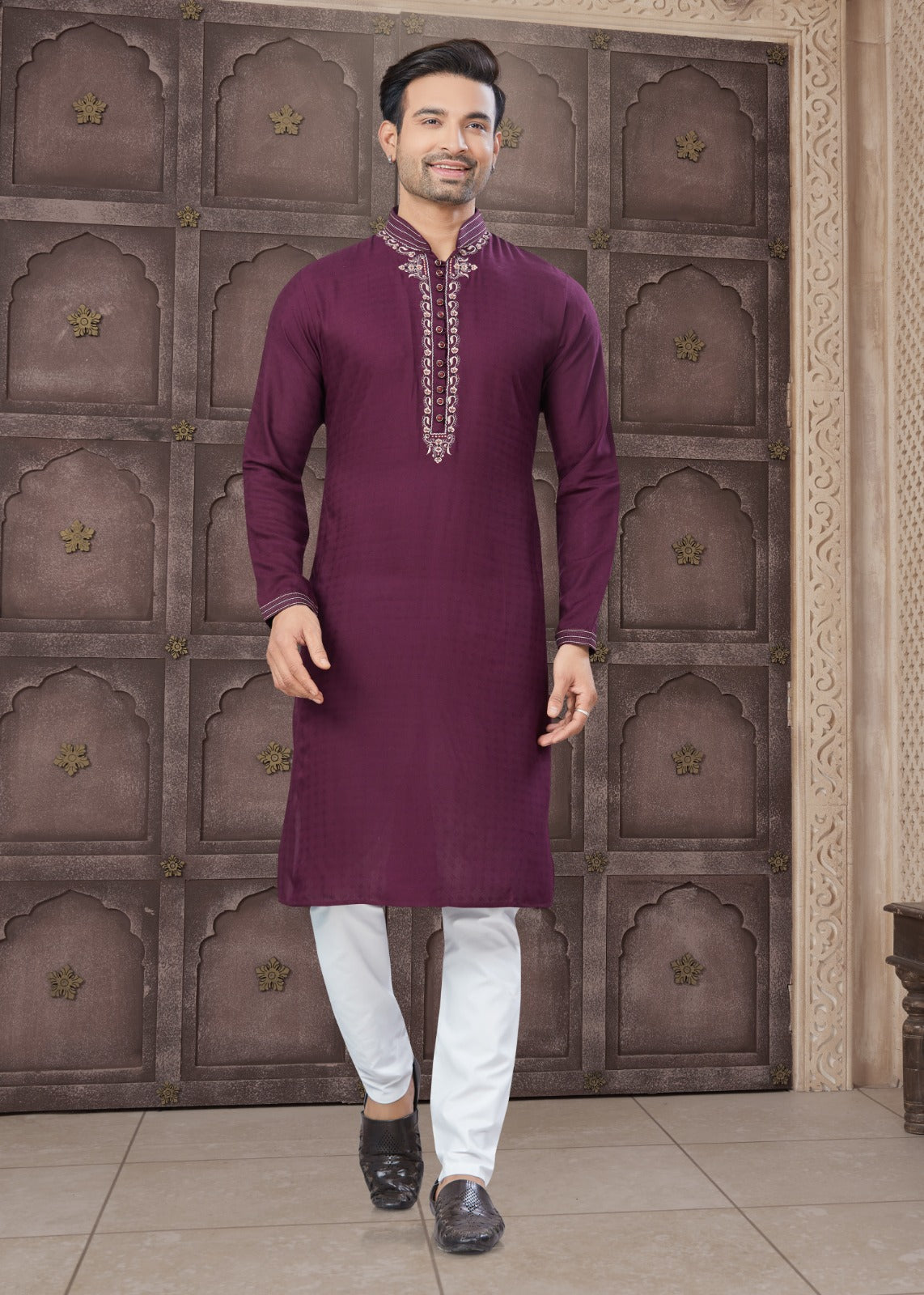 Pure Heavy Cotton With Embroidery & Pintex Work Kurta Pajama Set For Men's