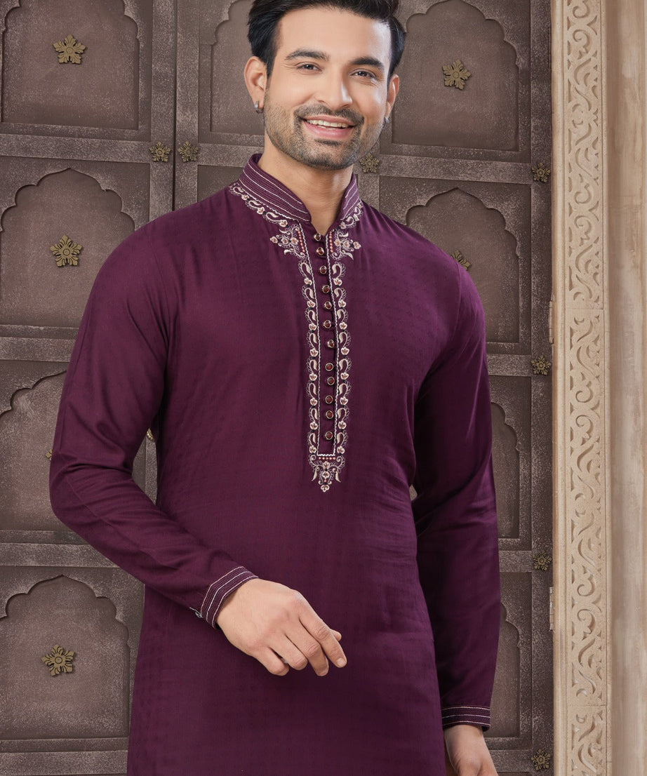 Pure Heavy Cotton With Embroidery & Pintex Work Kurta Pajama Set For Men's