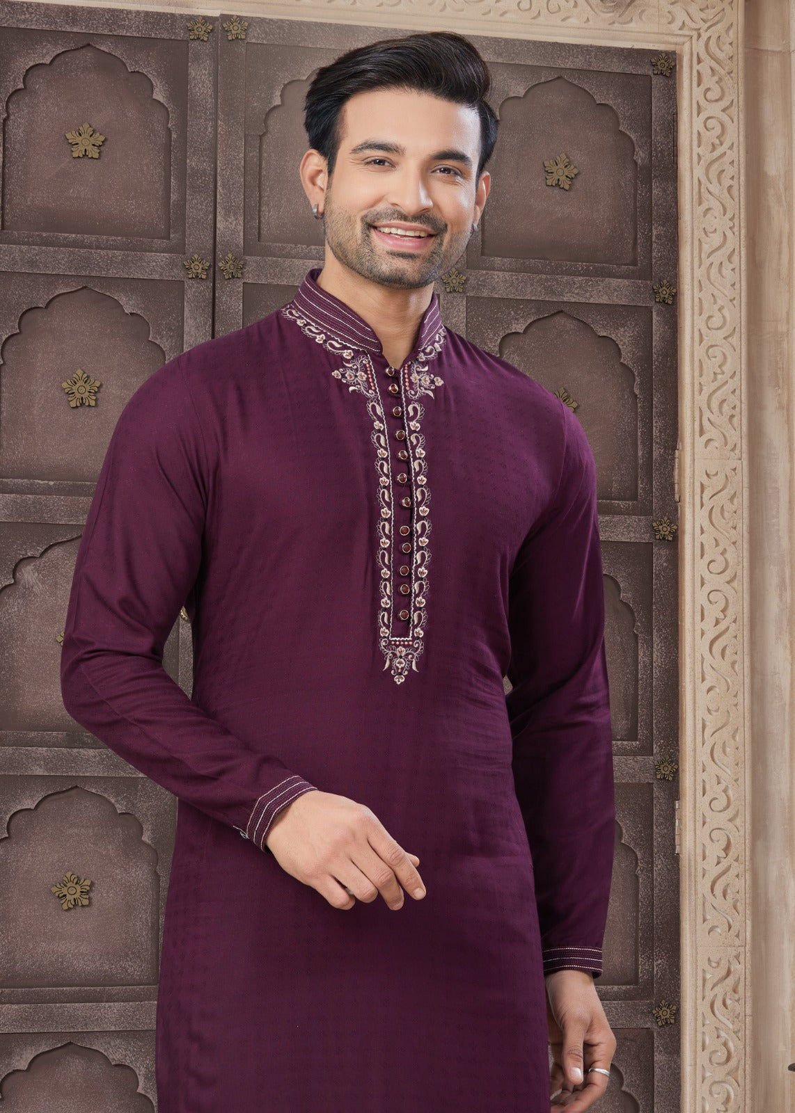 Pure Heavy Cotton With Embroidery & Pintex Work Kurta Pajama Set For Men's