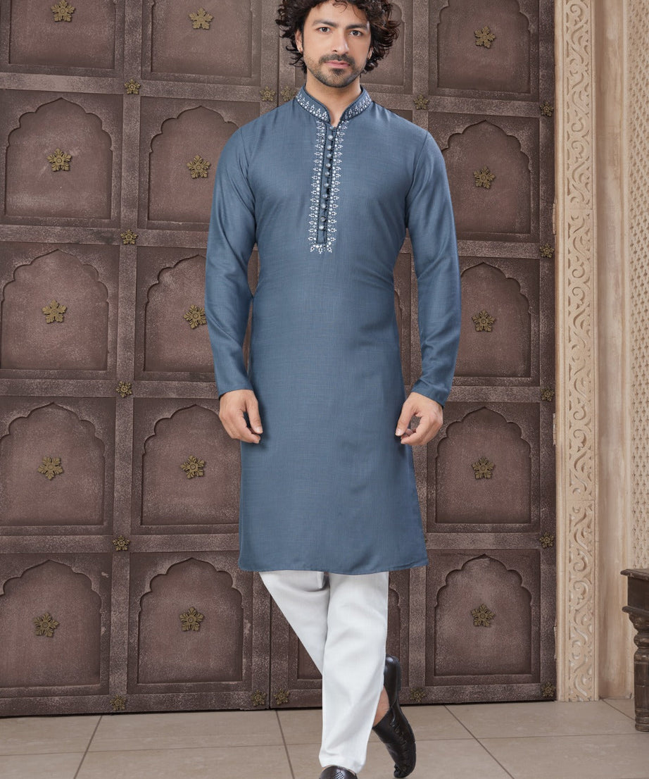 Pure Heavy Cotton With Embroidery & Pintex Work Kurta Pajama Set For Men's