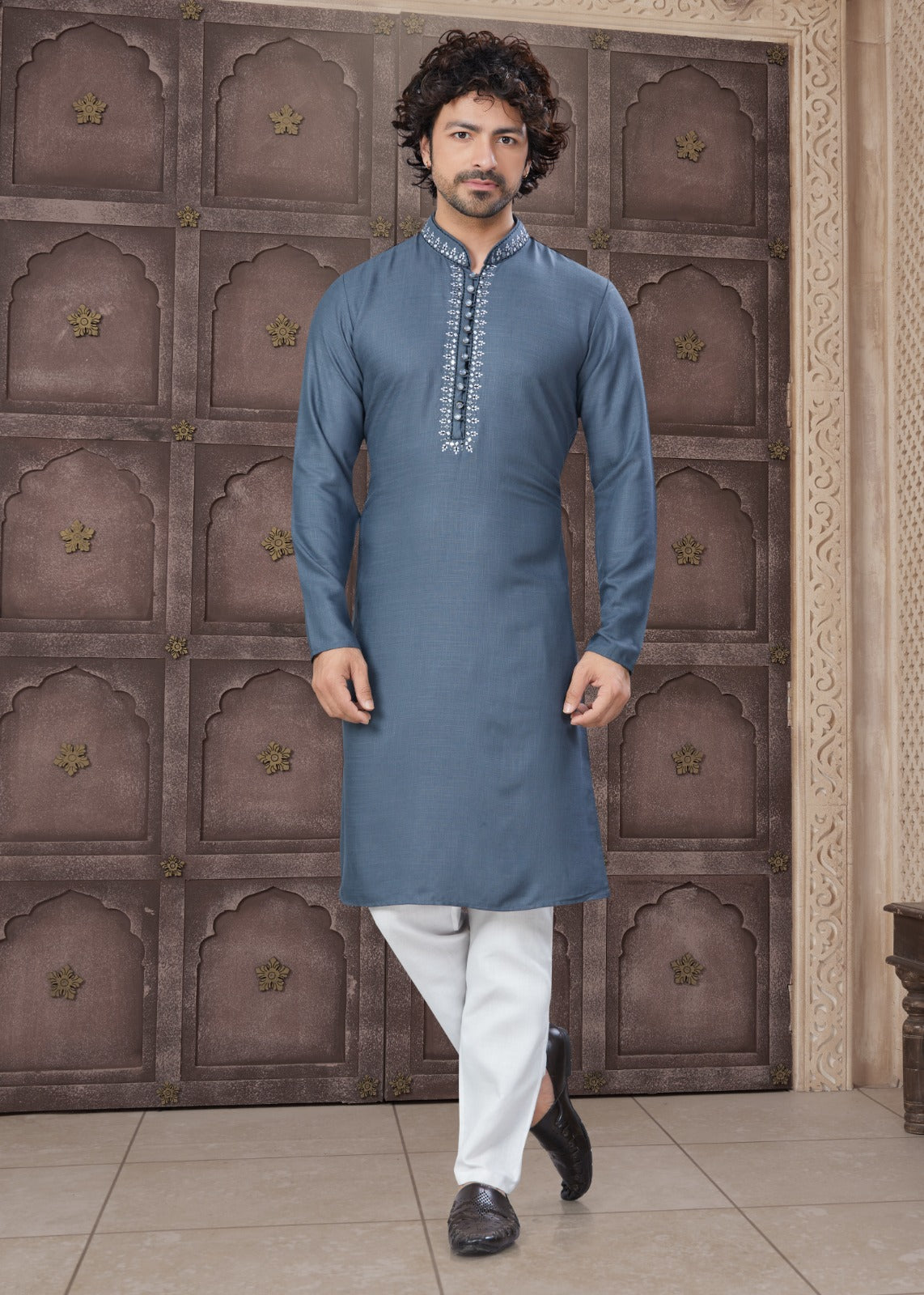 Pure Heavy Cotton With Embroidery & Pintex Work Kurta Pajama Set For Men's
