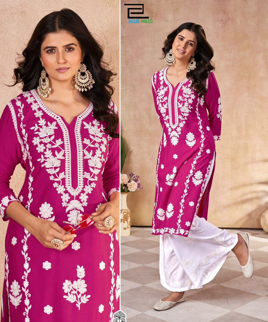 Heavy Rayon With Embroidery Work Long Kurti With Palazzo For Women's