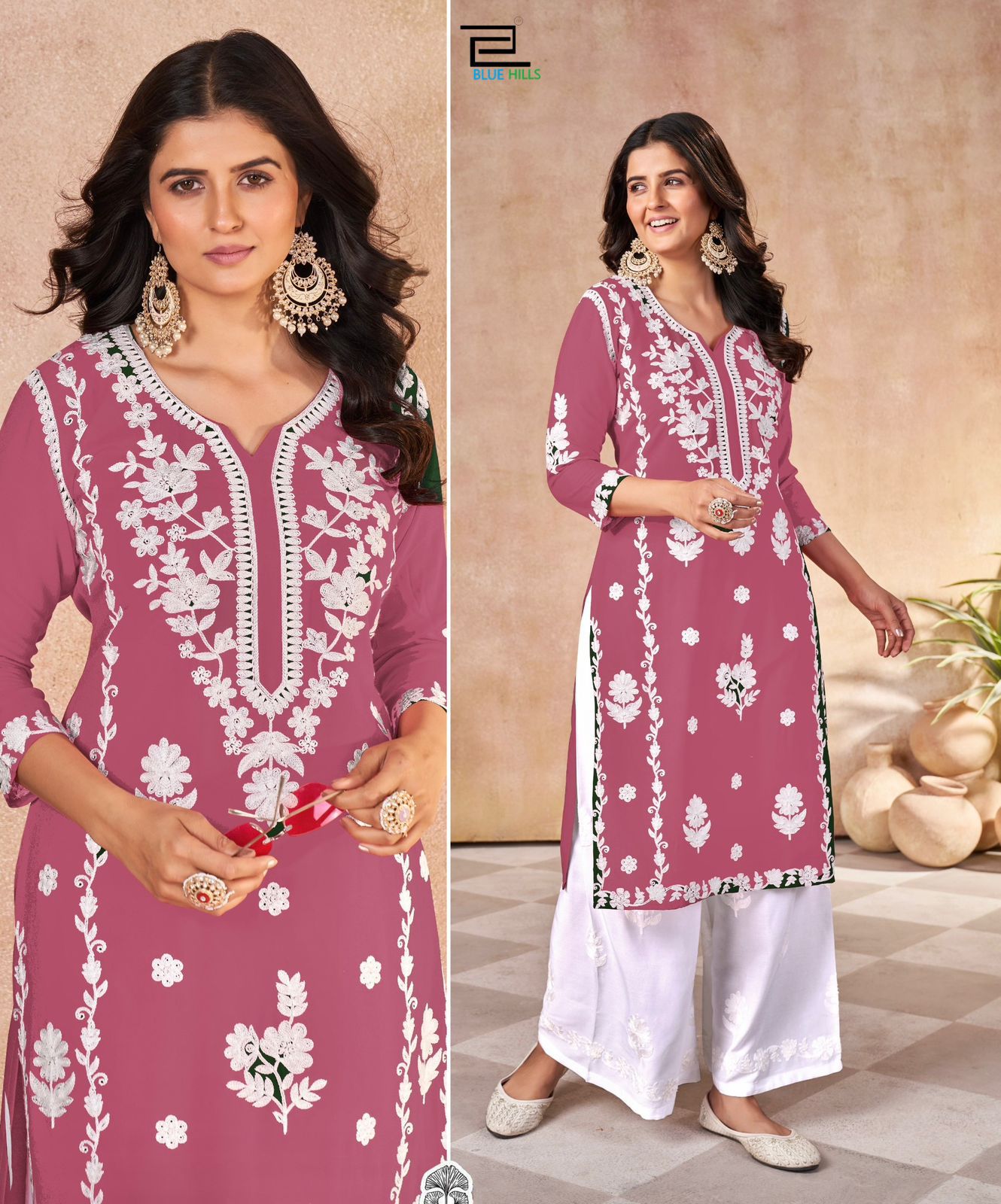 Heavy Rayon With Embroidery Work Long Kurti With Palazzo For Women's