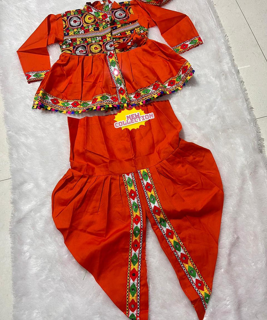 Navratri Spacial Swiss Cotton Kedia Dhoti With Cap For Kid's & Boy's
