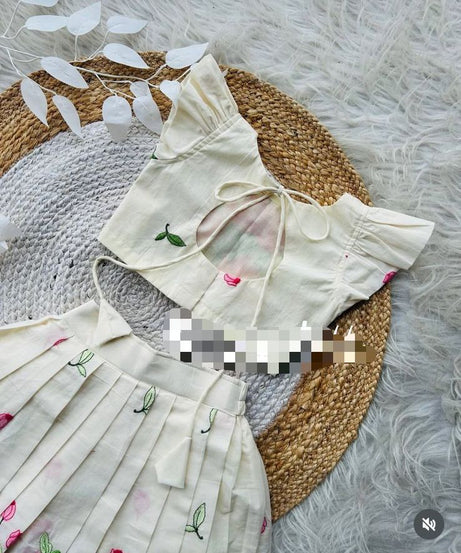 Flower Printed Design Pure Cotton Border Threads Work Lehenga Choli