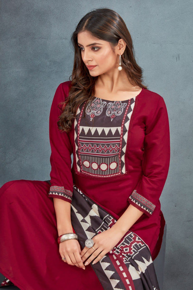 Women's Traditional Wear Red Ajarakh Kurta Pant with Dupatta suit