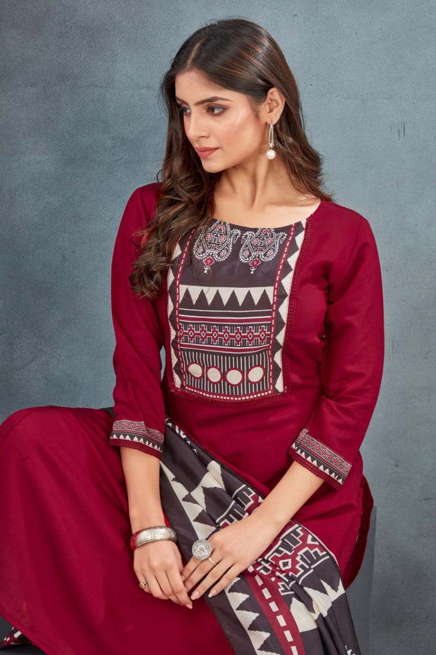 Women's Traditional Wear Red Ajarakh Kurta Pant with Dupatta suit