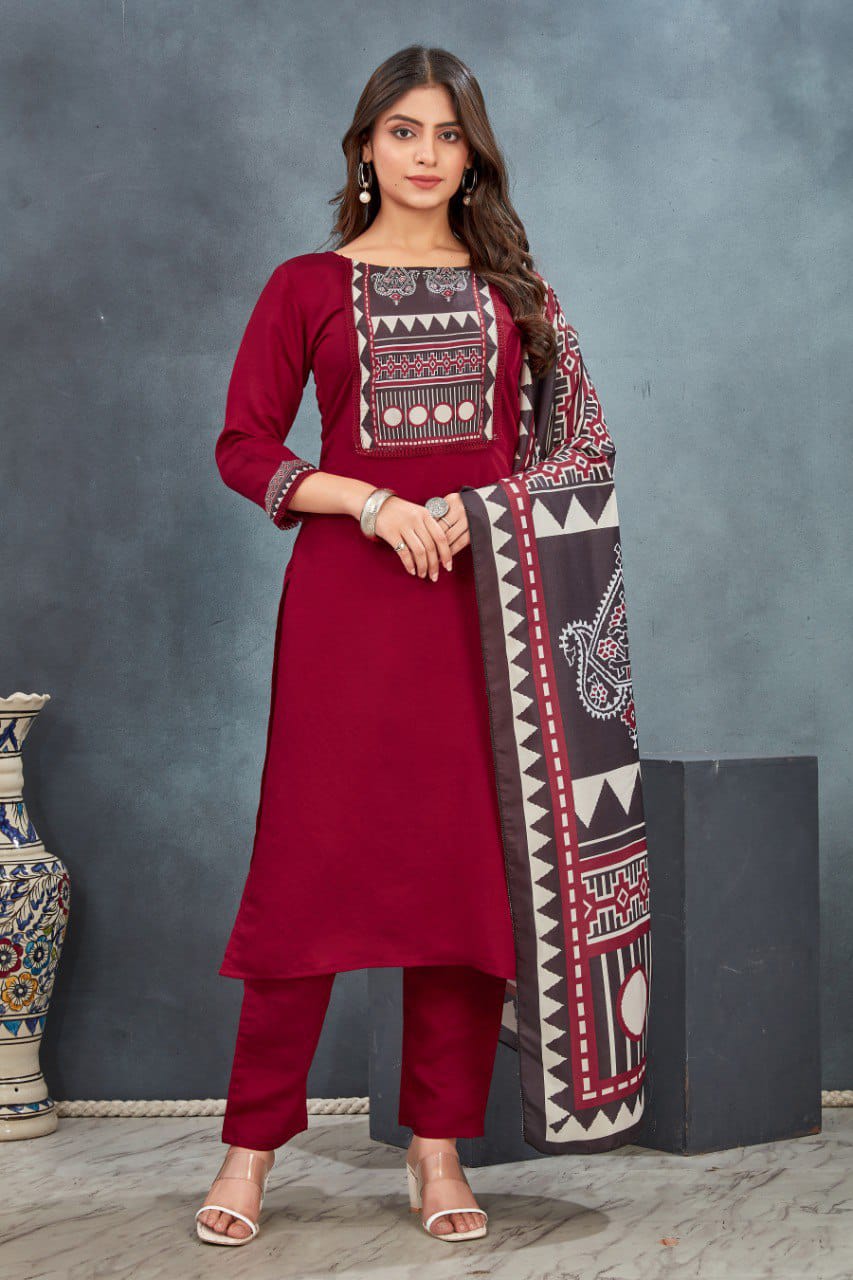 Women's Traditional Wear Red Ajarakh Kurta Pant with Dupatta suit