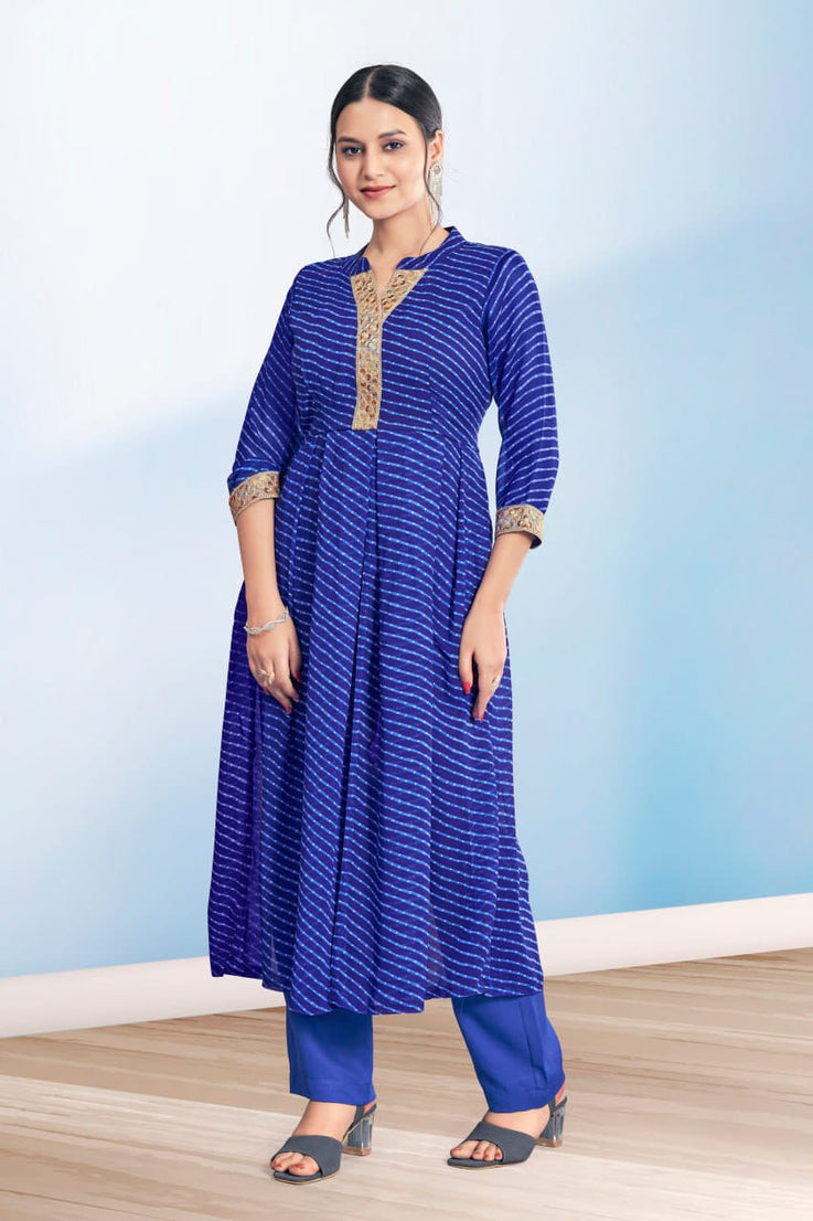 Navratri Festival Wear Blue Leheriya Printed Georgette Kurti and Pant