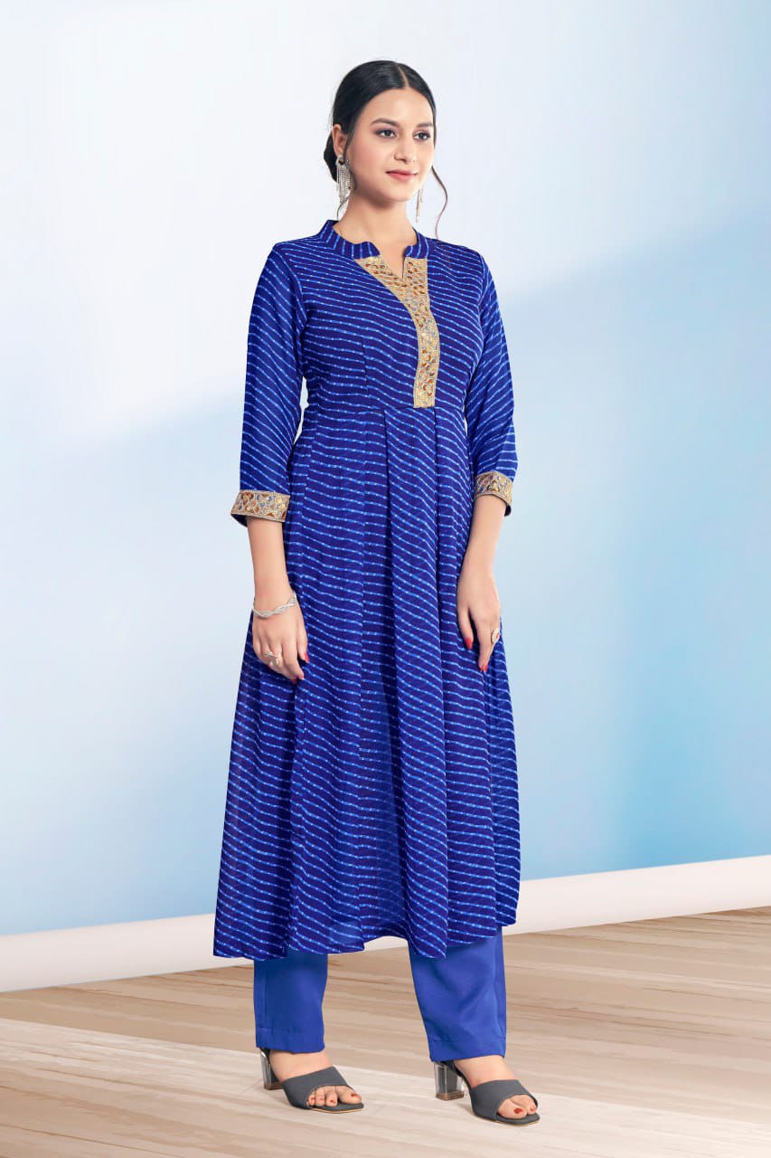 Navratri Festival Wear Blue Leheriya Printed Georgette Kurti and Pant