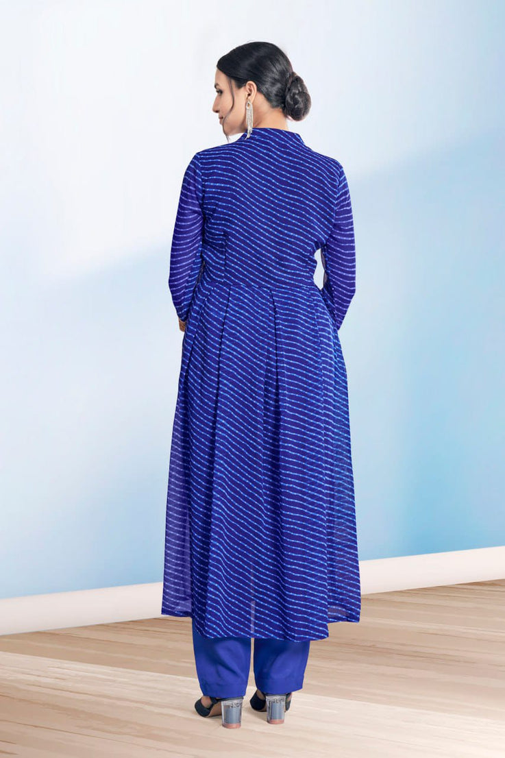Navratri Festival Wear Blue Leheriya Printed Georgette Kurti and Pant