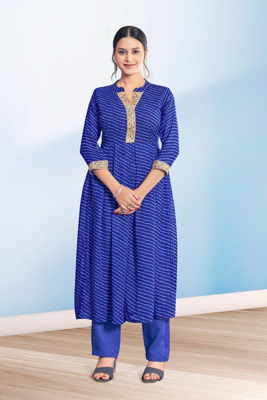 Navratri Festival Wear Blue Leheriya Printed Georgette Kurti and Pant