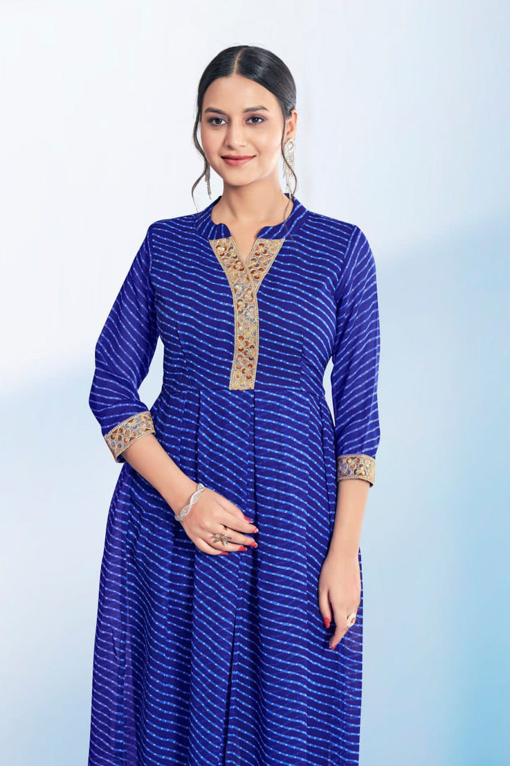 Navratri Festival Wear Blue Leheriya Printed Georgette Kurti and Pant