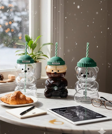 Starbucks Bear-Shaped Reusable Tumbler Cup with Straw & Lid (Cute Teddy Design)