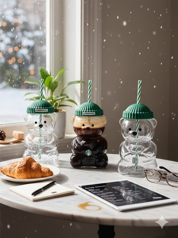 Starbucks Bear-Shaped Reusable Tumbler Cup with Straw & Lid (Cute Teddy Design)