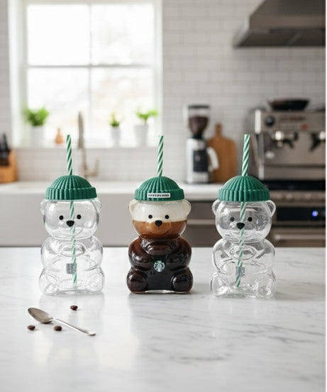 Starbucks Bear-Shaped Reusable Tumbler Cup with Straw & Lid (Cute Teddy Design)
