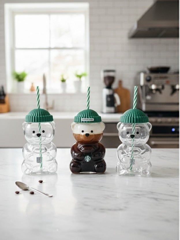 Starbucks Bear-Shaped Reusable Tumbler Cup with Straw & Lid (Cute Teddy Design)