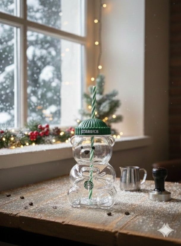 Starbucks Bear-Shaped Reusable Tumbler Cup with Straw & Lid (Cute Teddy Design)
