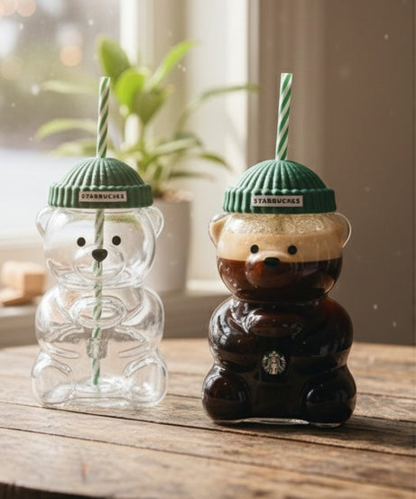 Starbucks Bear-Shaped Reusable Tumbler Cup with Straw & Lid (Cute Teddy Design)