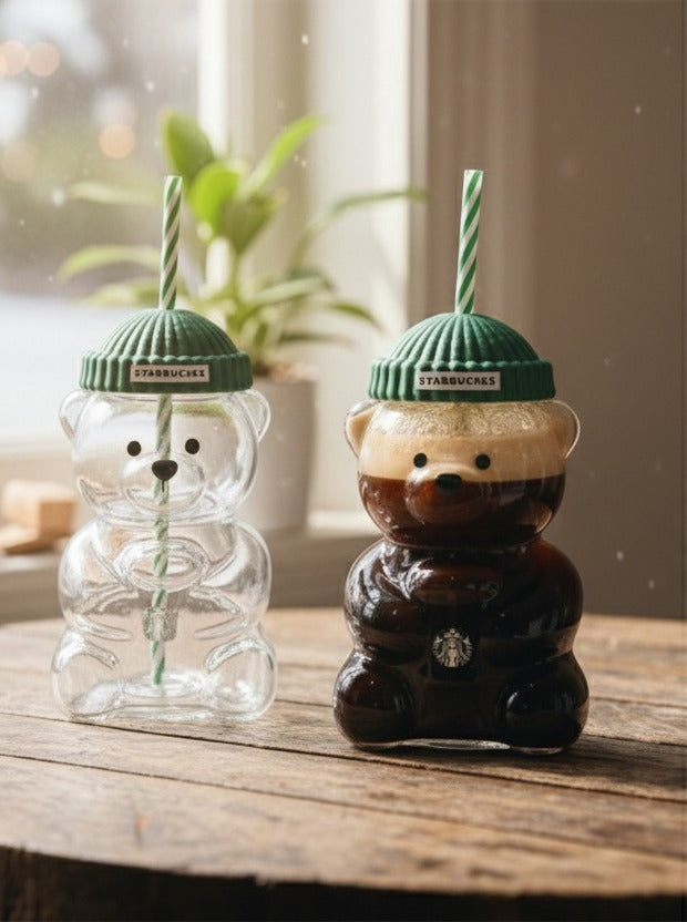 Starbucks Bear-Shaped Reusable Tumbler Cup with Straw & Lid (Cute Teddy Design)