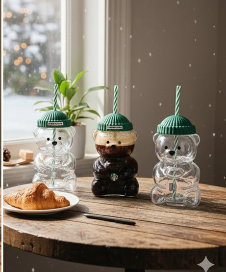 Starbucks Bear-Shaped Reusable Tumbler Cup with Straw & Lid (Cute Teddy Design)