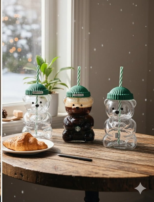 Starbucks Bear-Shaped Reusable Tumbler Cup with Straw & Lid (Cute Teddy Design)